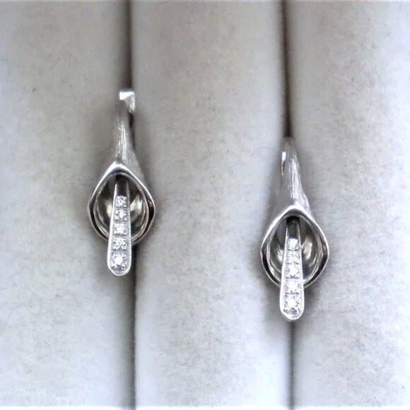 UNIQUE Russian 14K 585 White Gold CZ Cluster Calla Lily Flower Dangle Earrings - Picture 4 of 8
